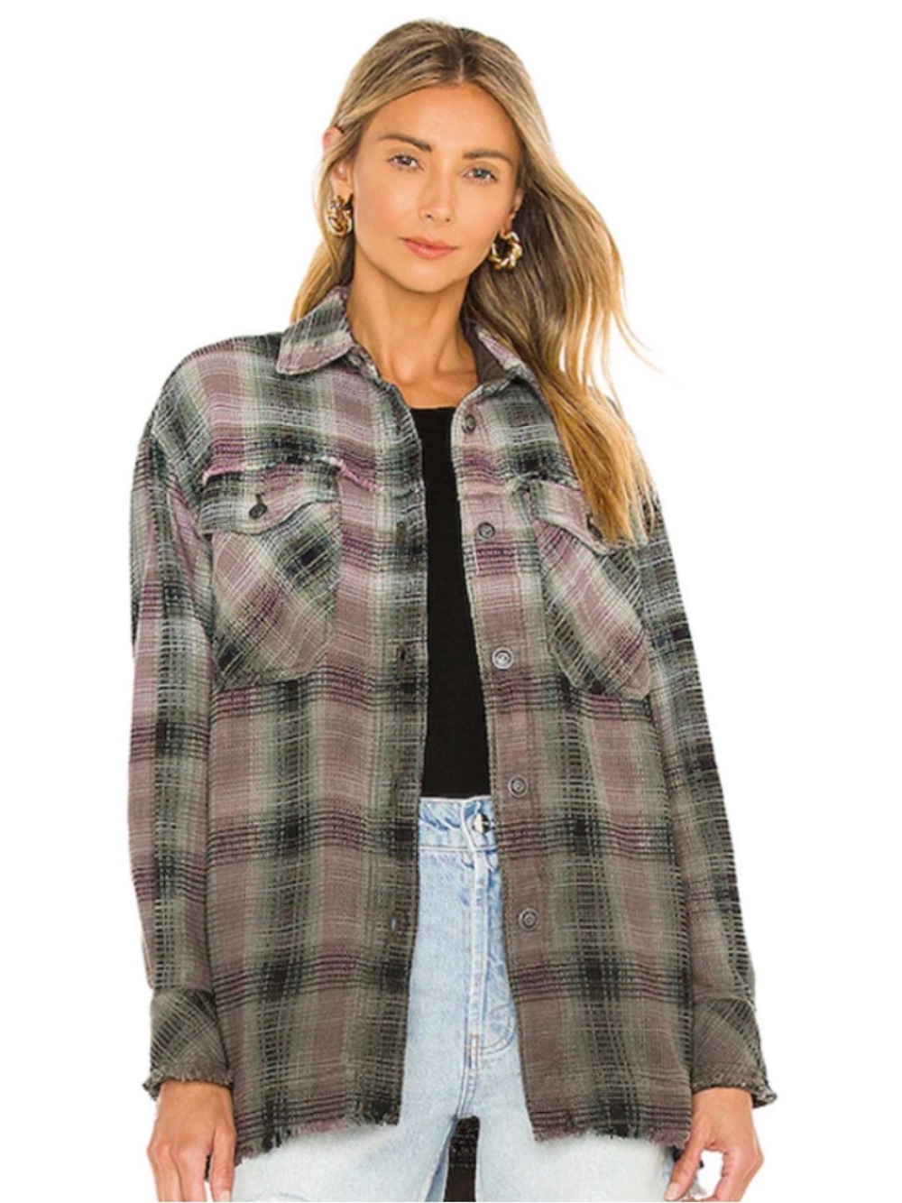 Free People Plaid Button-Down Shirt Jacket in Green, Purple, Black